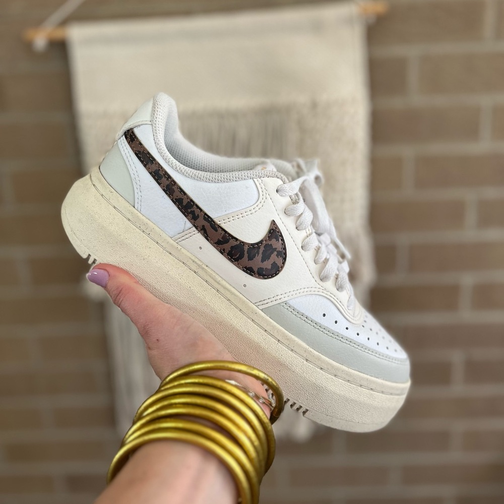 Nike Women’s Off-White Platform Sneakers with Leopard Swoosh - Picture 1 of 3